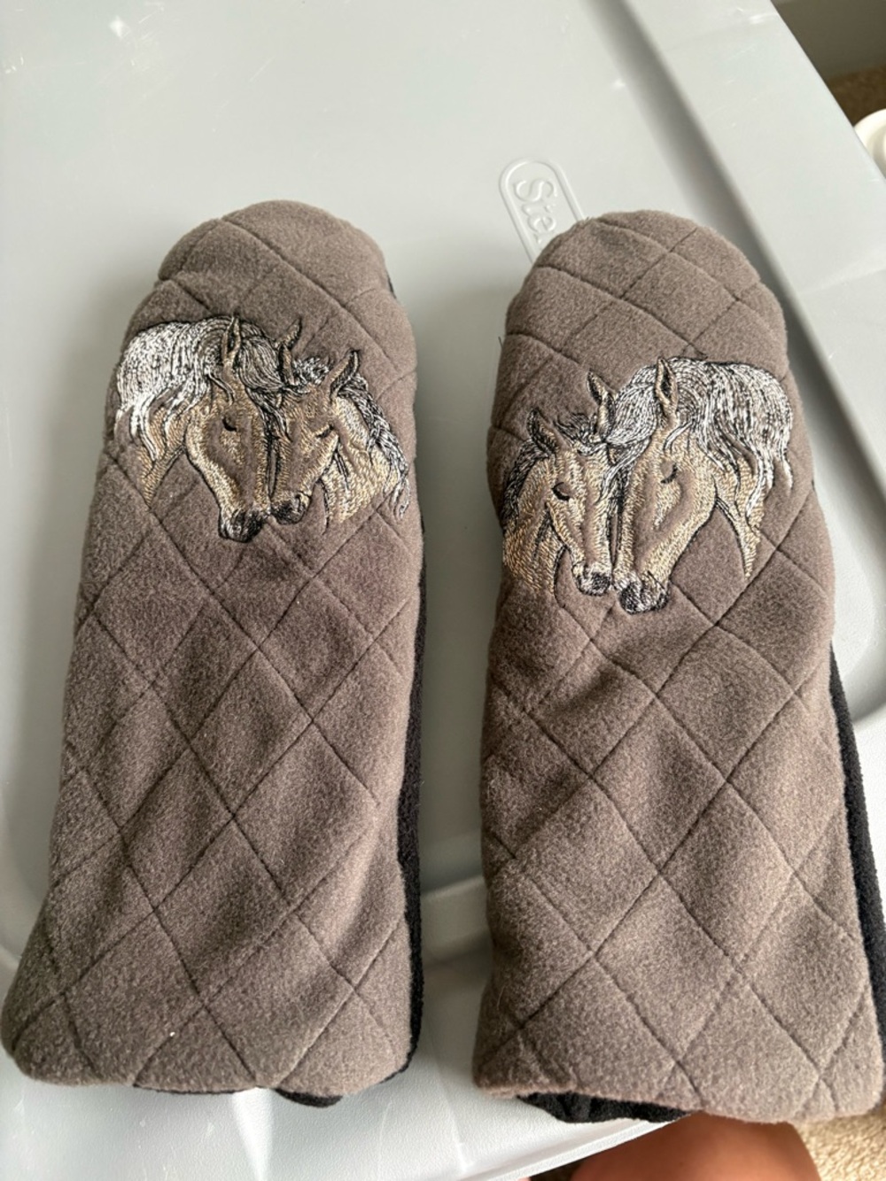 BRAND NEW Brown Quilted Horse Embroidered Mittens with inside Fur
